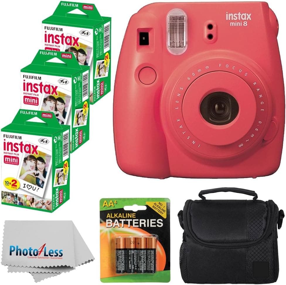 Fujifilm Instax Mini 8 Instant Film Camera (Raspberry) with Fujifilm Instax Mini 6 Pack Instant Film (60 Shots) + Compact Bag Case + Batteries Top Kit