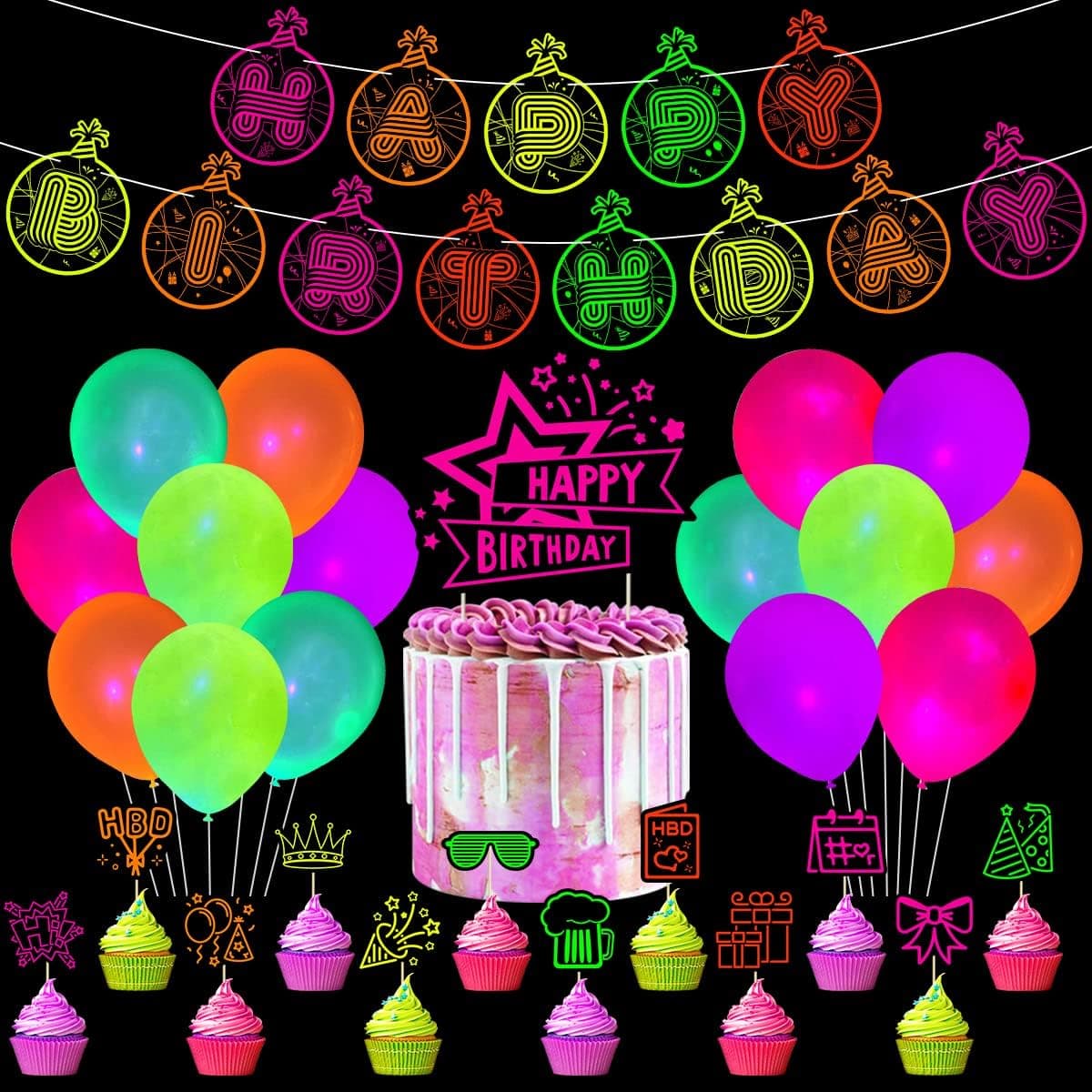 Glow in The Dark Neon Party Supplies Neon Birthday Party Decorations Set Includes Happy Birthday Banner Latex Balloons Fluorescent Cake Cupcake Topper For 80s 90s Birthday UV Neon Night Disco Hiphop Party