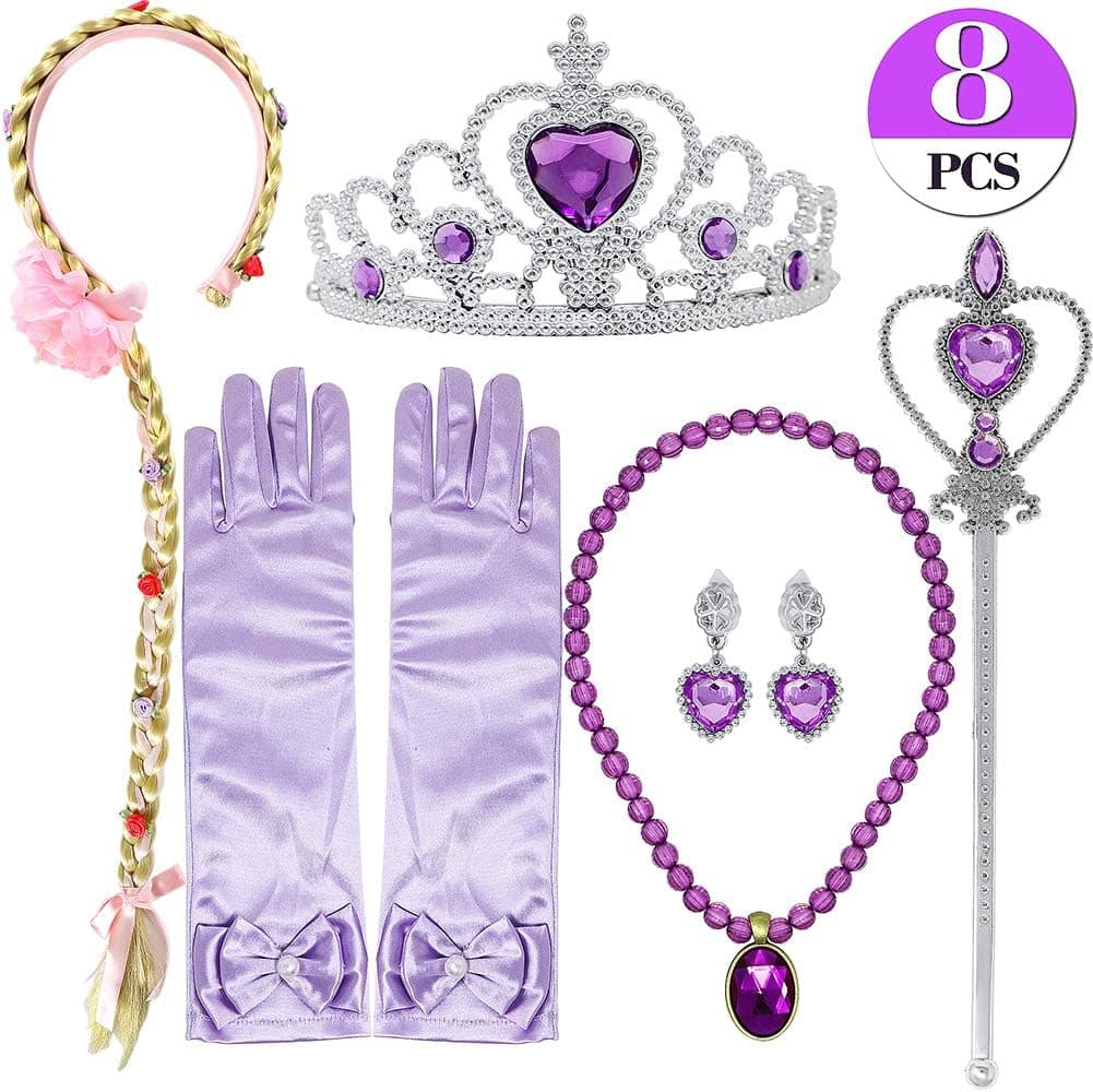 vamei Princess Dress Up Rapunzel Wig Necklace Earrings Wand Gloves Braided Wigs Princess Party Rapunzel Costume Accessories Gift for Girls
