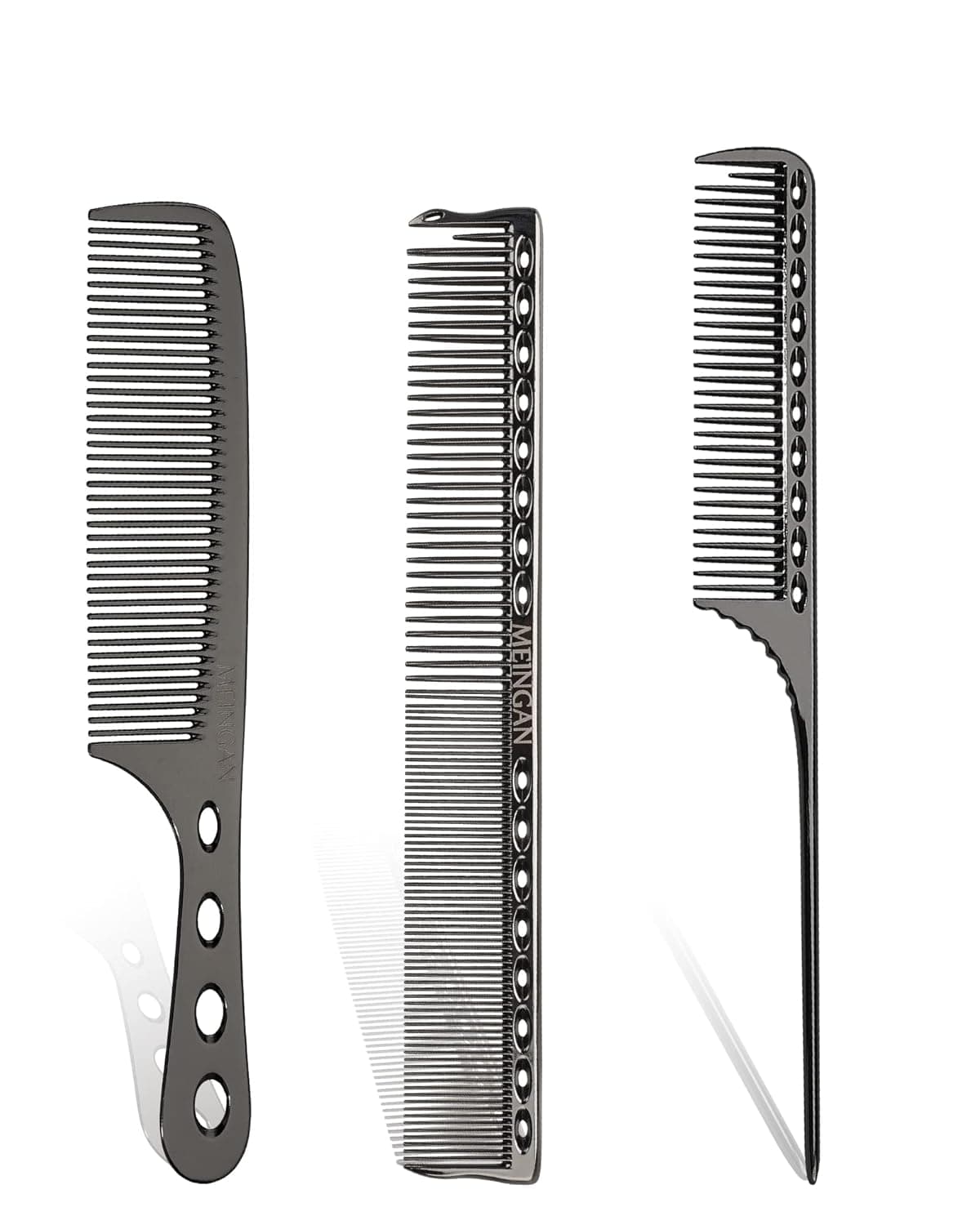 Salon Metal Combs for Hairdresser, 3 Types Combs Set Included 2 in 1 Thin and Wide Tooth Comb, Rat Tail Comb & Handle Comb, Heat Resistant, Anti StaticMEINGAN Aluminum Barber Dressing Comb Set, Black