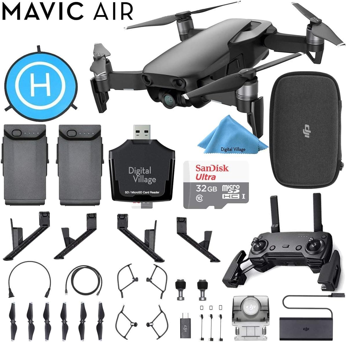 DJI Mavic Air Quadcopter Onyx Black Bundle with 2 Batteries, Sandisk Ultra 32GB Card, Foldable Landing Pad, Height Extender + More! … (Black)