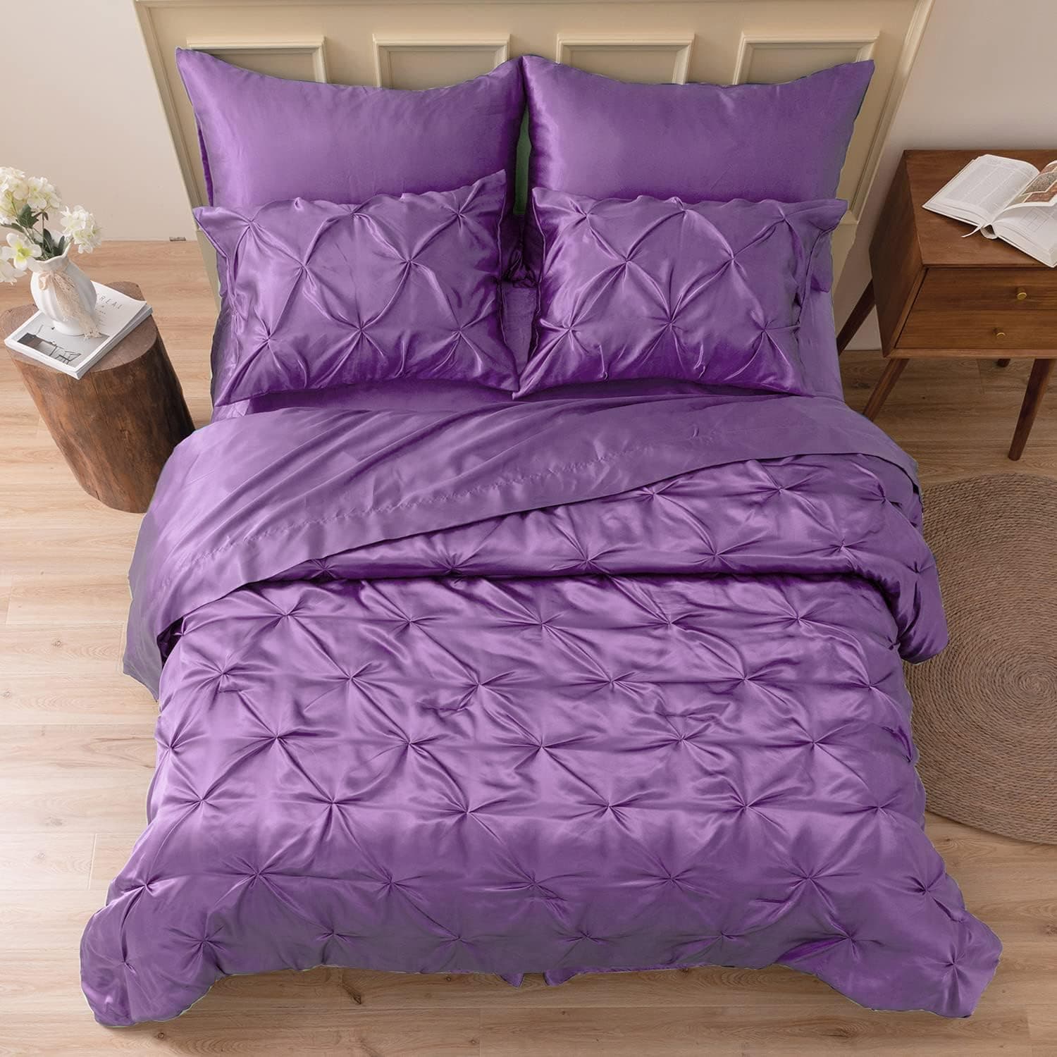 MR&HM Satin Comforter Queen 8 Pieces - Luxurious Pinch Pleat Bedding Set with Comforter, Sheets, Bed Skirt, Pillowcases & Shams, Super Silky Soft Bed Set for All Season (Queen, Lavender)