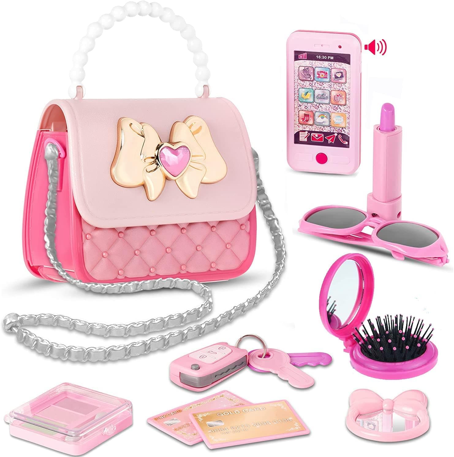 fash n kolor Princess Purse Pretend Play Princess Toys Set, Pink Fashion Hand Bag Includes Lipstick, Makeup Box,Sunglasses, Play Phone,Keys and More, Great Gift Set, Perfect for Girls