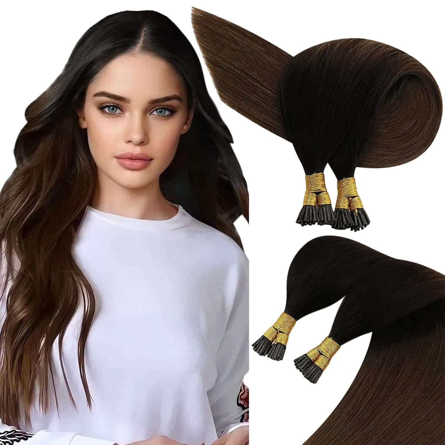 [Farewell] Sunny I Tip Hair Extensions Natural Black Ombre Dark Brown Itip Human Hair Extensions Ombre Black Brown Pre Bonded Itips Human Hair Extensions Real Hair Straight 50Strands 50G 18inch