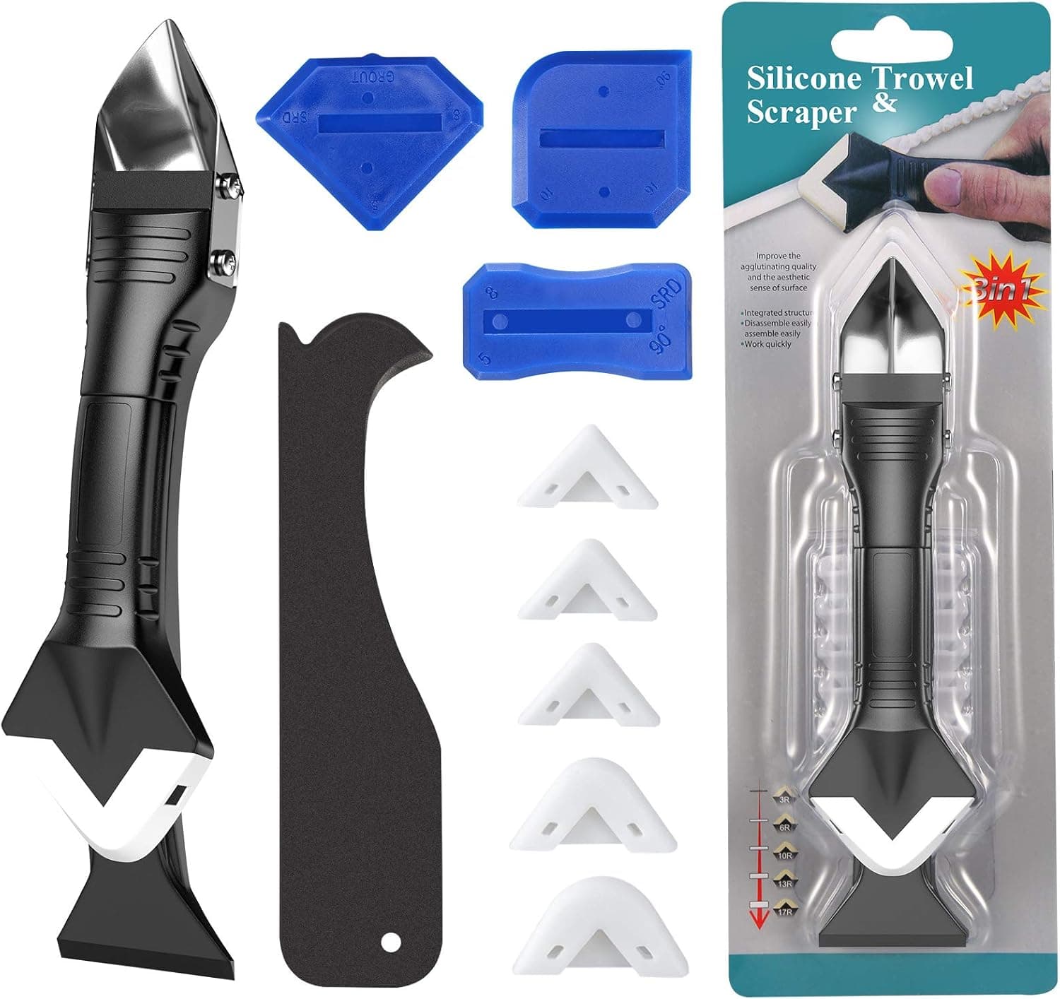 KeeKit Caulking Tools, 3 in 1 Silicone Caulking Scraper Tools Kit (Stainless Steelhead) Caulk Remover Sealant Finishing Tool with 5 Replaceable Silicone Pads for Kitchen Bathroom Window, Sink Joint