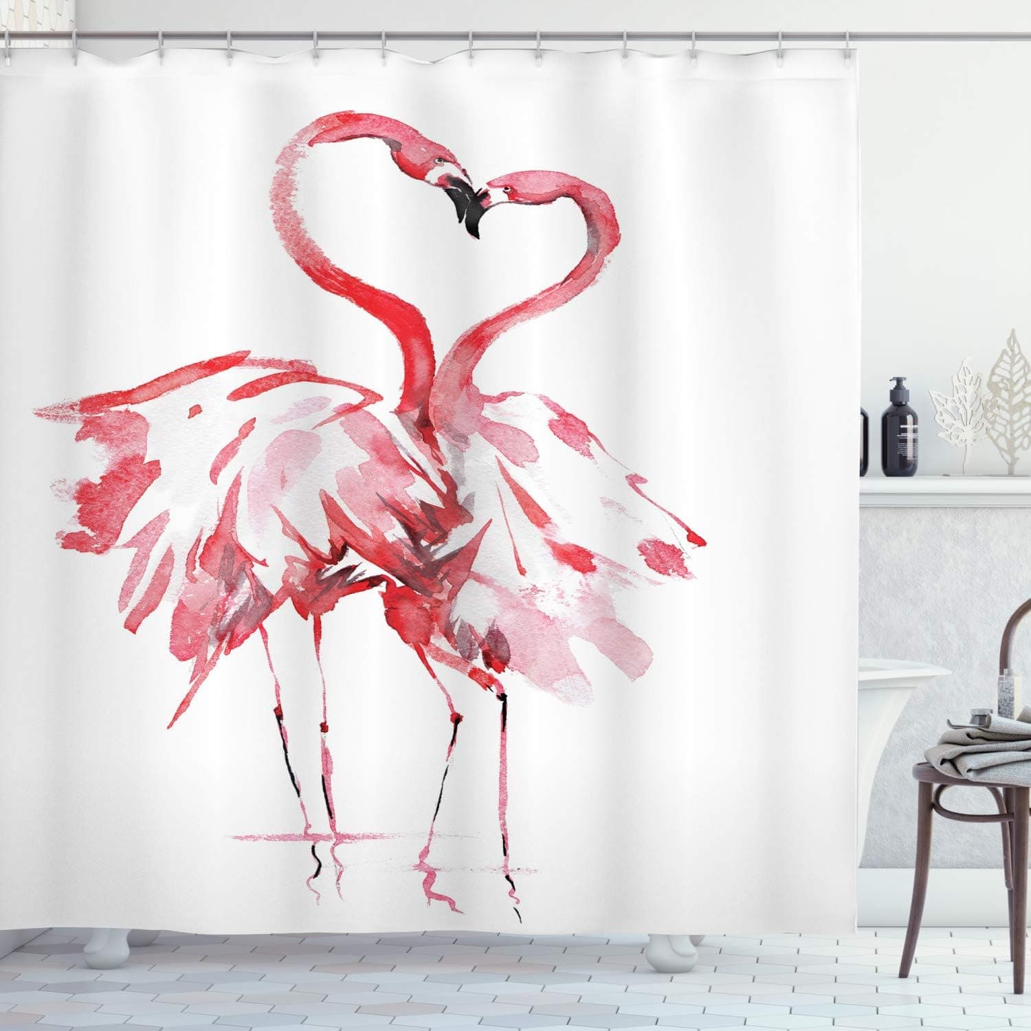 Ambesonne Flamingo Shower Curtain, Flamingo Couple Kissing Romance Passion Partners in Love Watercolor Effect, Cloth Fabric Bathroom Decor Set with Hooks, 69" W x 75" L, Dark Coral White