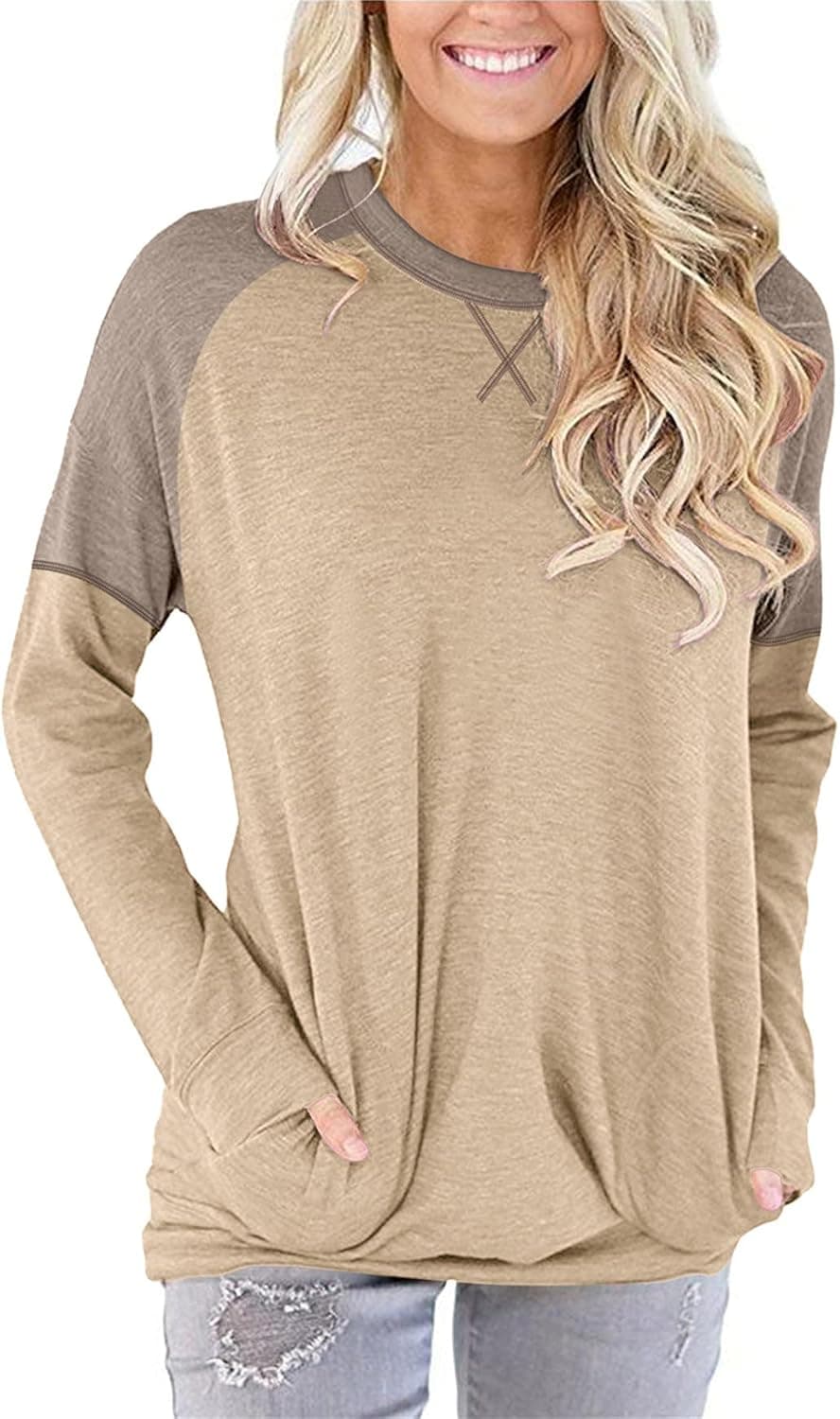 onlypuff Womens Pocket Shirts Casual Loose Fit Tunic Top Comfy Cute Sweatshirts Long Sleeve S-3XL