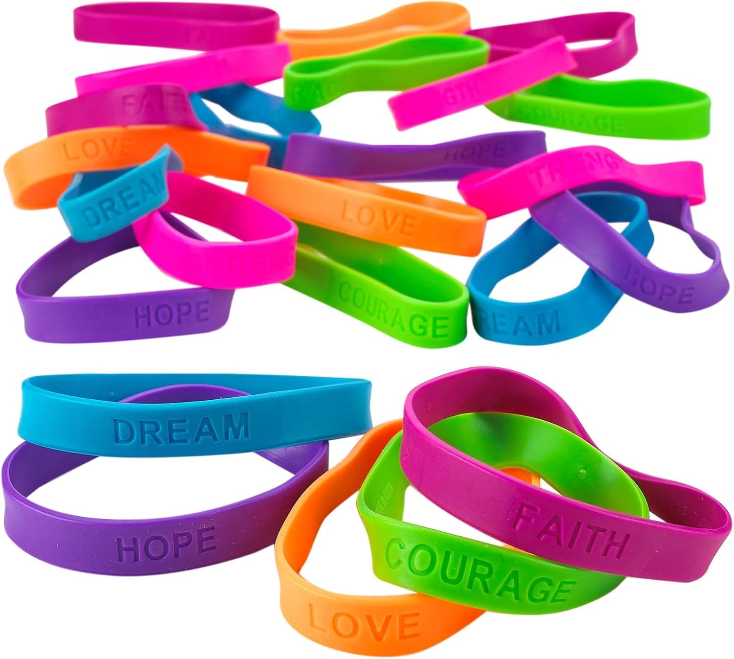 Kicko 24 Rubber Bracelets with Sayings 8 Inches Diameter, Wristband, Assorted Colors - Dream, Love, Courage, Hope, Faith, Strength - for Kids, Teens, Adults, Fashion, Prize, Party Favor