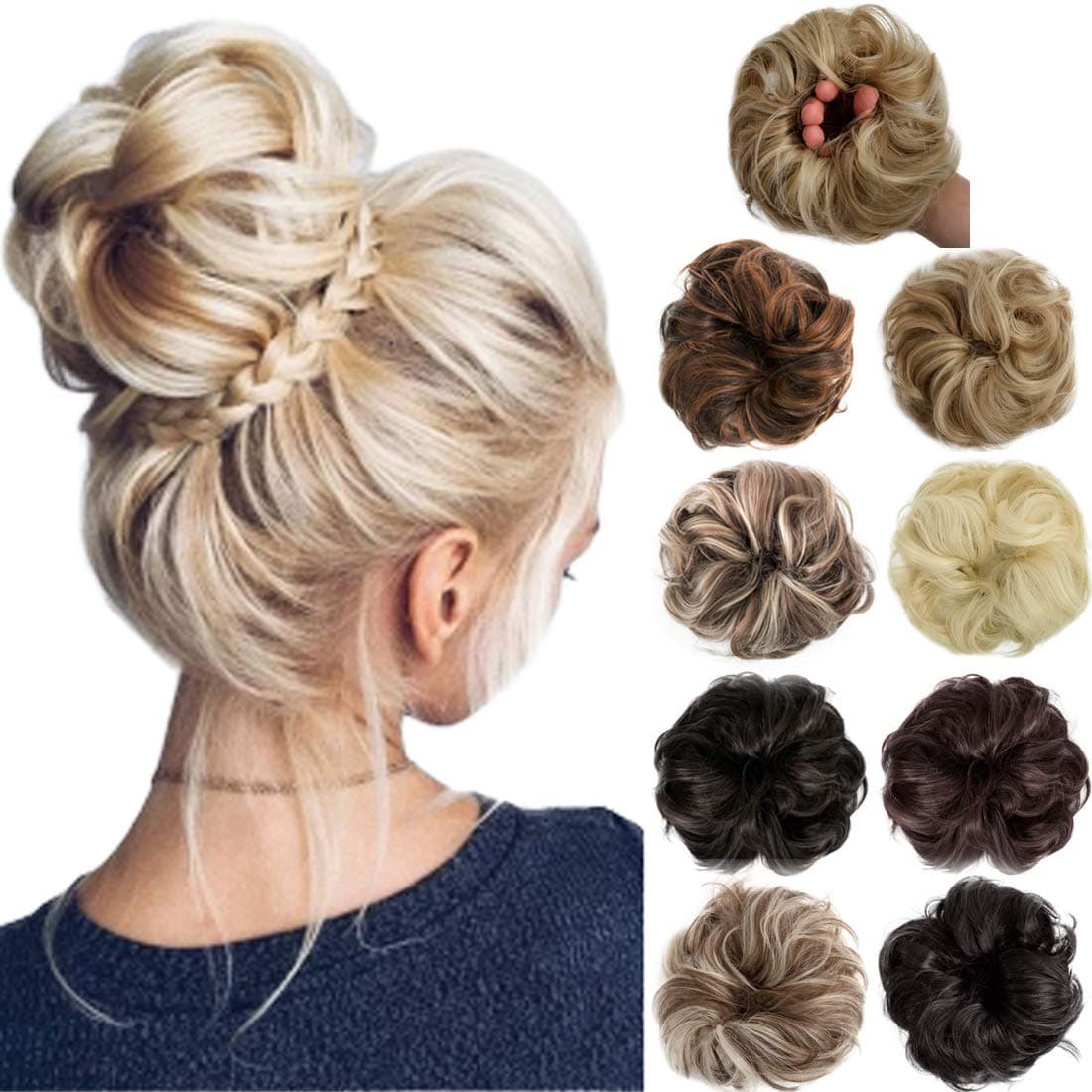 FELENDY Messy Bun Hair Piece Scrunchie Thick Wavy Curly Donut Chignons Updo Hair Extension For Women Lady Girl Ponytail 2PCS