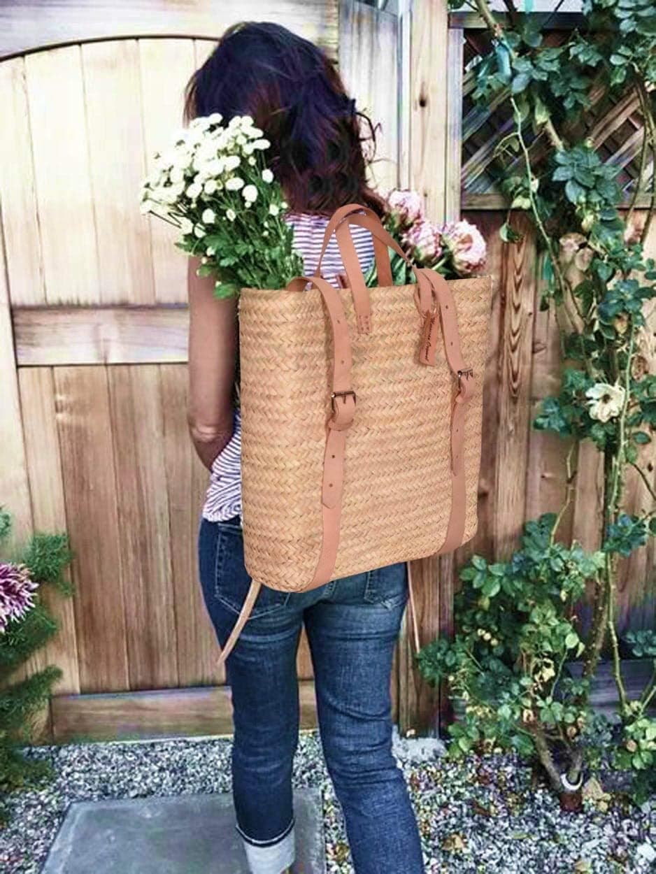 Palm leaf backpack , straw bag made, shopping and picnic baskets, Traditional Moroccan bag, Leather made bags, handcrafted bag, beach bag. (Beige)