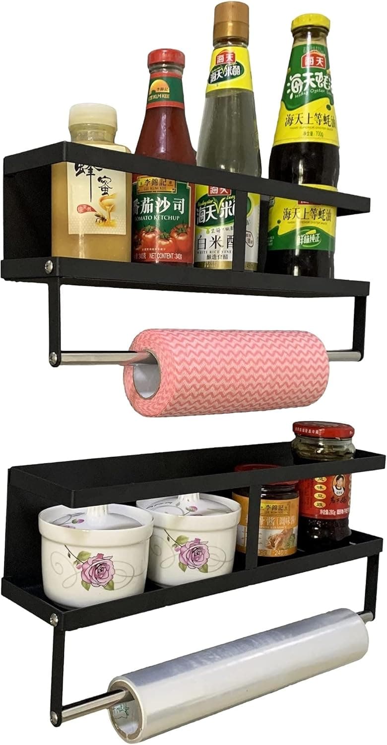 PremiumPresents 2 pack 15inch and 16inch Magnetic spice rack, 6 hooks, paper towel rack. Kitchen organization. Refrigerator organizer bin. Wall mount fridge organizer. Spice organizer. (Black)