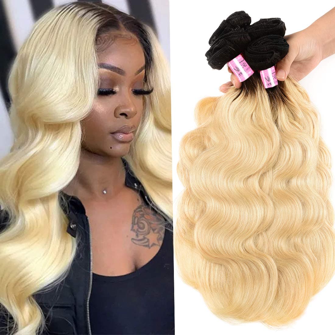 UNice 10A Ombre Blonde Body Wave Human Hair 3 Bundles Brazilian Remy Hiar Two Tone Dark Roots 613 Honey Blonde Wavy Weaves 1B613 Color (14 16 18 inch)