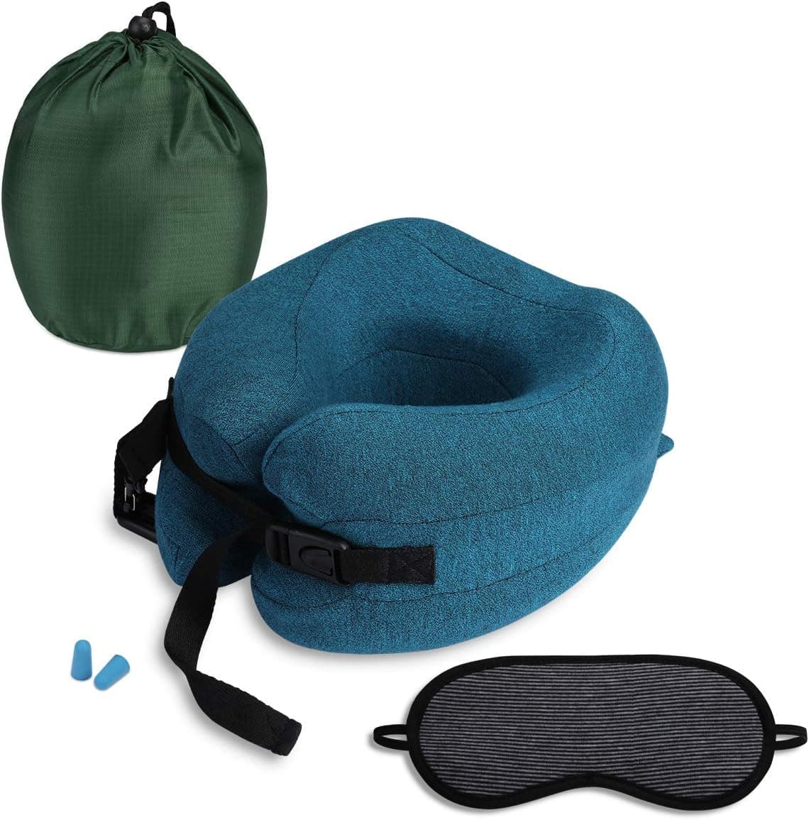 HOMEIDEAS Memory Foam Travel Pillow, U-Shaped Adjustable Airplane Flight Pillow - 360-Degree Head Neck Chin Support Pillow, Travel Kit with Eye Mask and Earplugs (Teal)