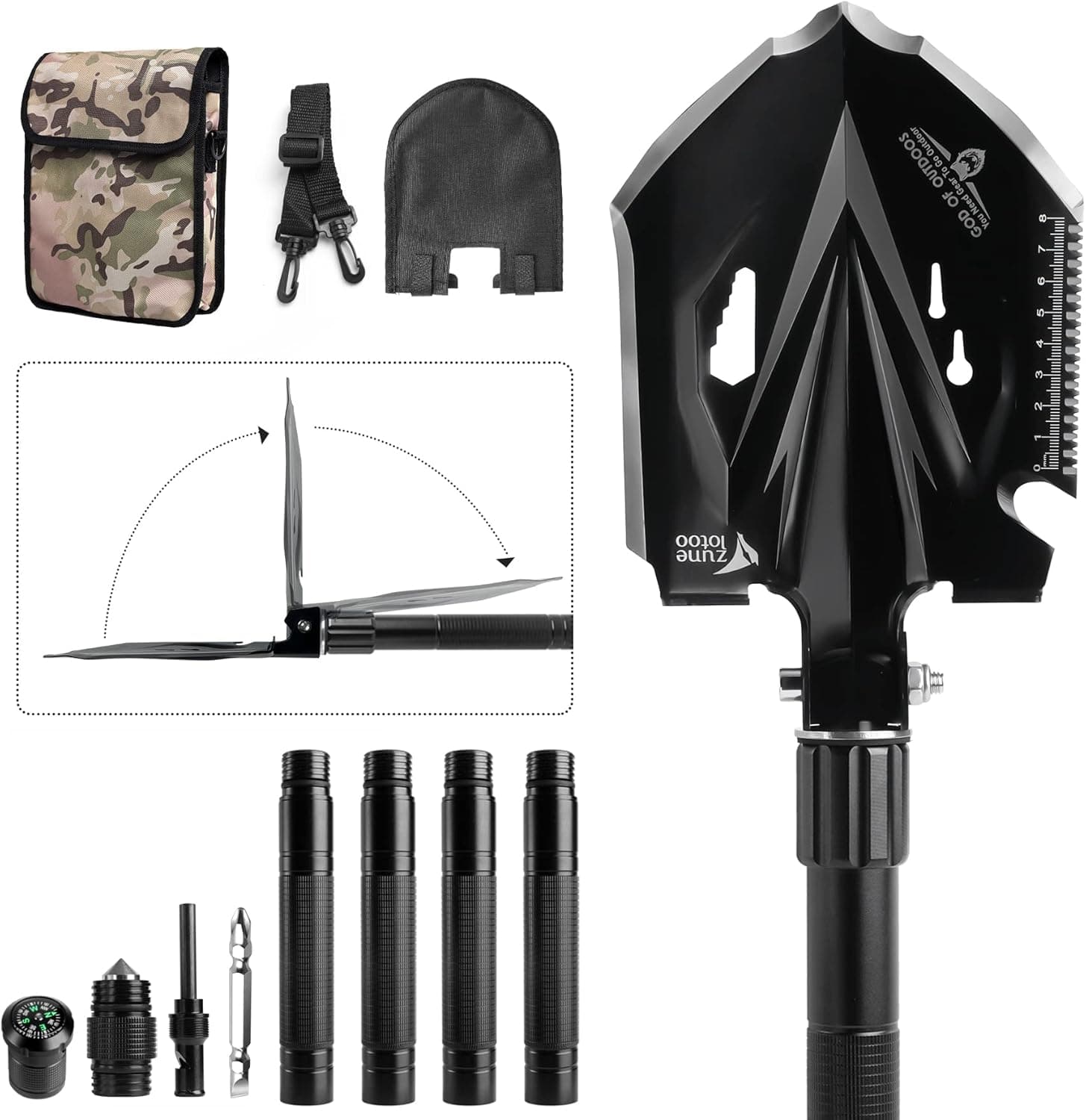 Zune Lotoo Tactical Shovel Survival Multitool, Military Portable Folding Camping Shovel Compact Camping Gear for Men Outdoor Survivalist Gift Hiking Backpack Emergency Offroad Entrenching Tool Spade