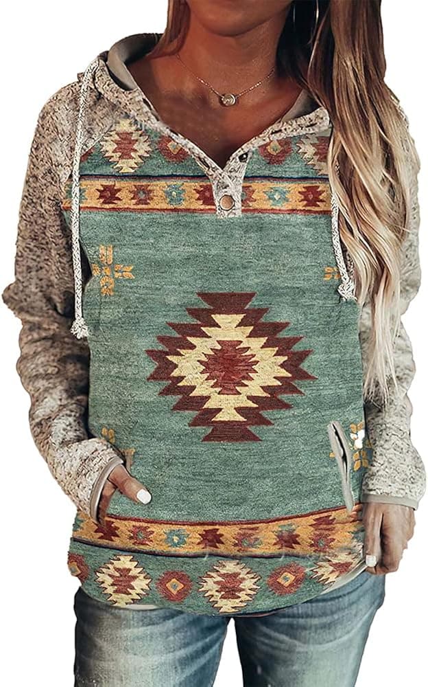 Women's Western Style Cross Ethnic Sweatshirt Long-Sleeved Horse Print Hooded Drawstring Hoodie Pullover