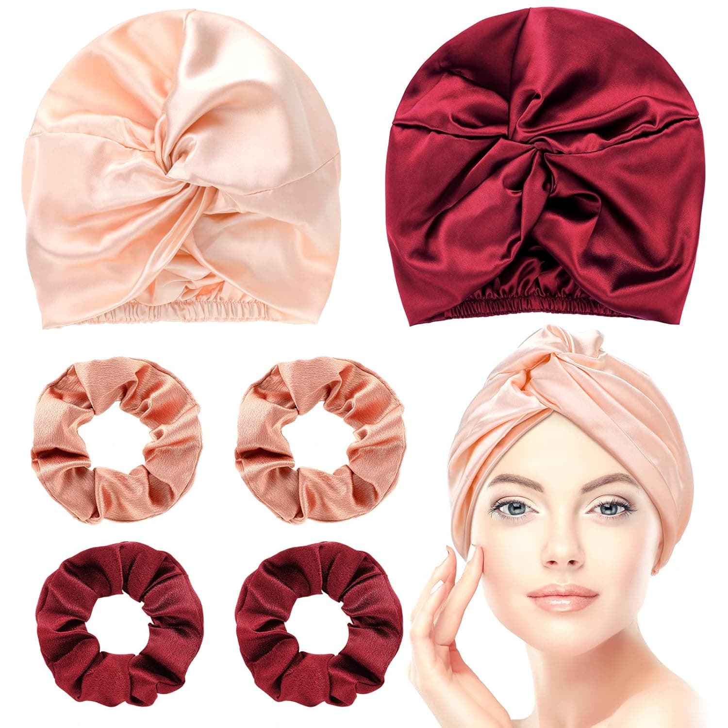 6 Pieces Silk Bonnet Silk Hair Wrap for Sleeping and Natural Silk Scrunchy Soft Silk Scrunchies Hair Sleep Silk Sleeping Bonnet for Women Hair Care Silk Ponytail Holder (Pink, Wine Red, Rose Gold)