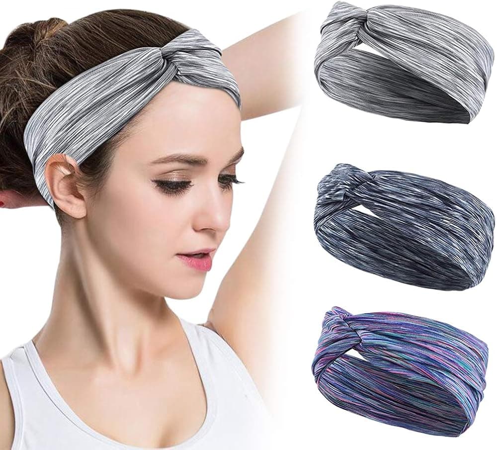 HDZIYU Twist Knot Headbands for Women Men (3 Pack), Women Yoga Sport Headbands, Sweat Workout Headbands, Athletic Non Slip Headbands, Fitness Moisture Wide Sweatband Headband for Running Gym Dance