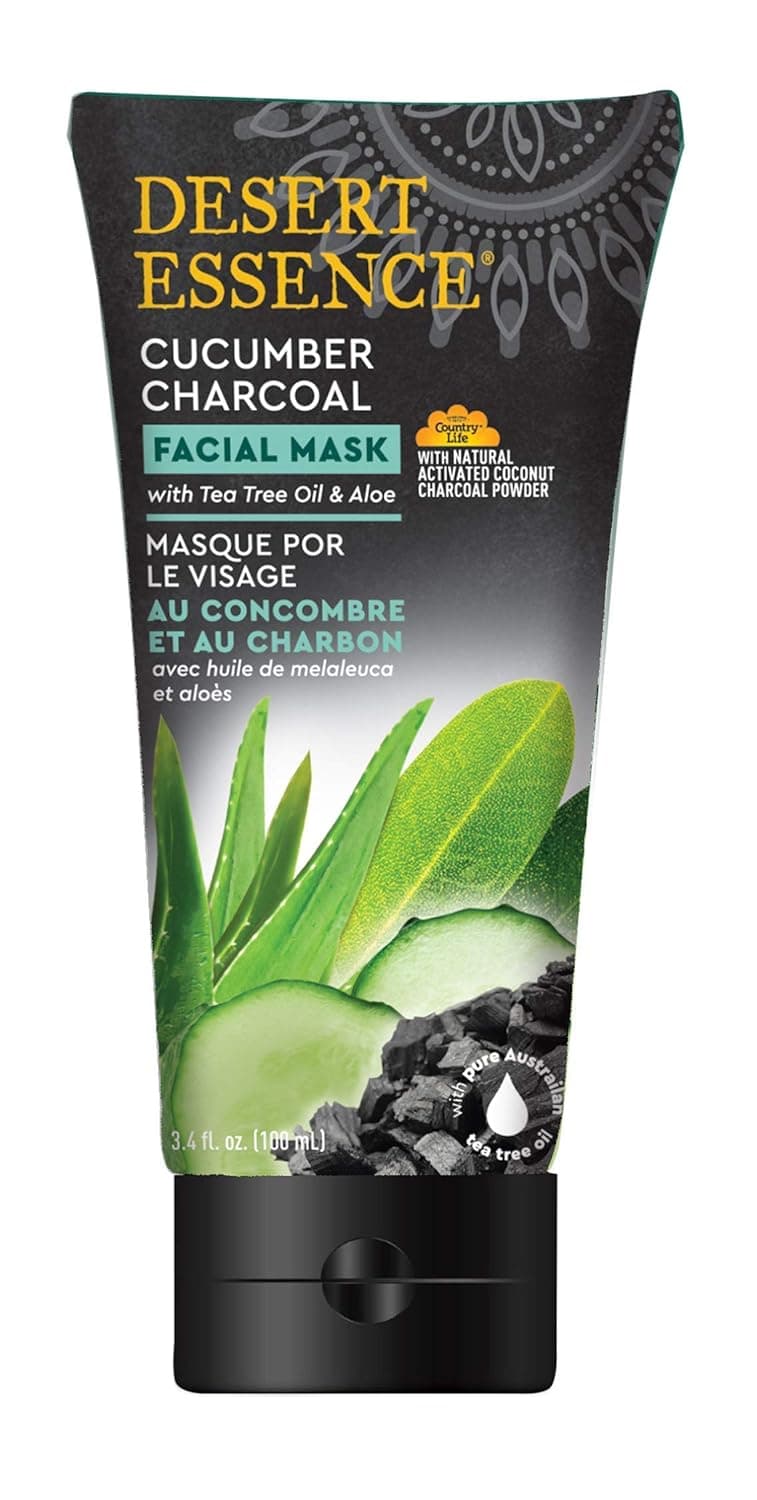 Desert Essence, Cucumber Charcoal Facial Mask 3.4 fl. oz. - Gluten Free, Vegan, Cruelty Free - Detoxifying Charcoal - Cleansing Tea Tree Oil - Soothing Cucumber & Aloe - Radiant & Clear Skin