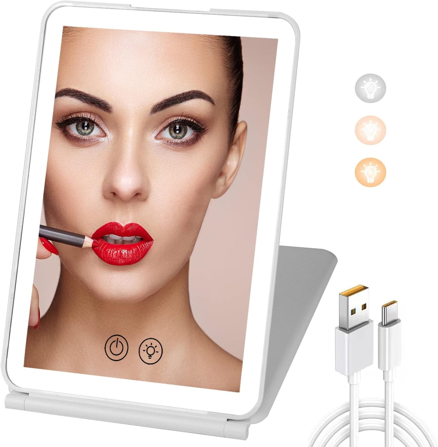 Dihoo Makeup Mirror, Touch Switch Tri-Color Dimmable, Support USB Charging and 180° Foldable Design Dihoo Mirror, Portable Desk Makeup Mirror Girlfriend Gift Dihoo Accessories White