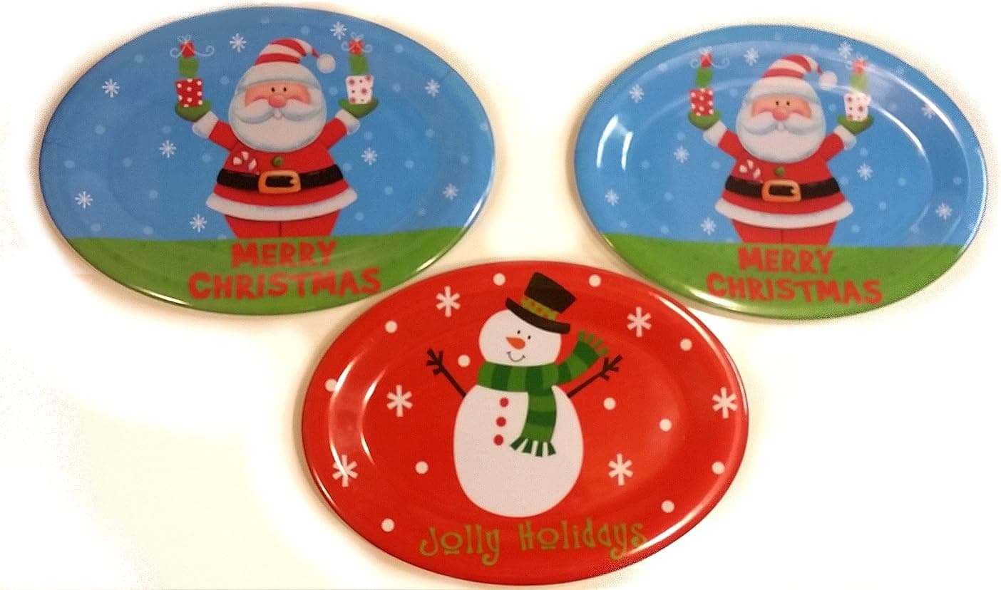 Set of 3 Adorable Holiday Serving Platters! (Santa Claus & Snowman) 13" Oval Decorative Melamine Christmas Servewear/Snack Trays