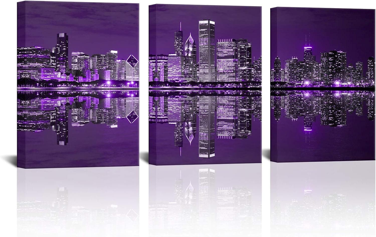3 Panels Chicago City Canvas Wall Art Purple Cityscape Pictures Chicago Skyline Poster Prints Modern Home Bedroom Bathroom Office Wall Decor Gift Stretched Ready to Hang 12"x16"x3 PCS