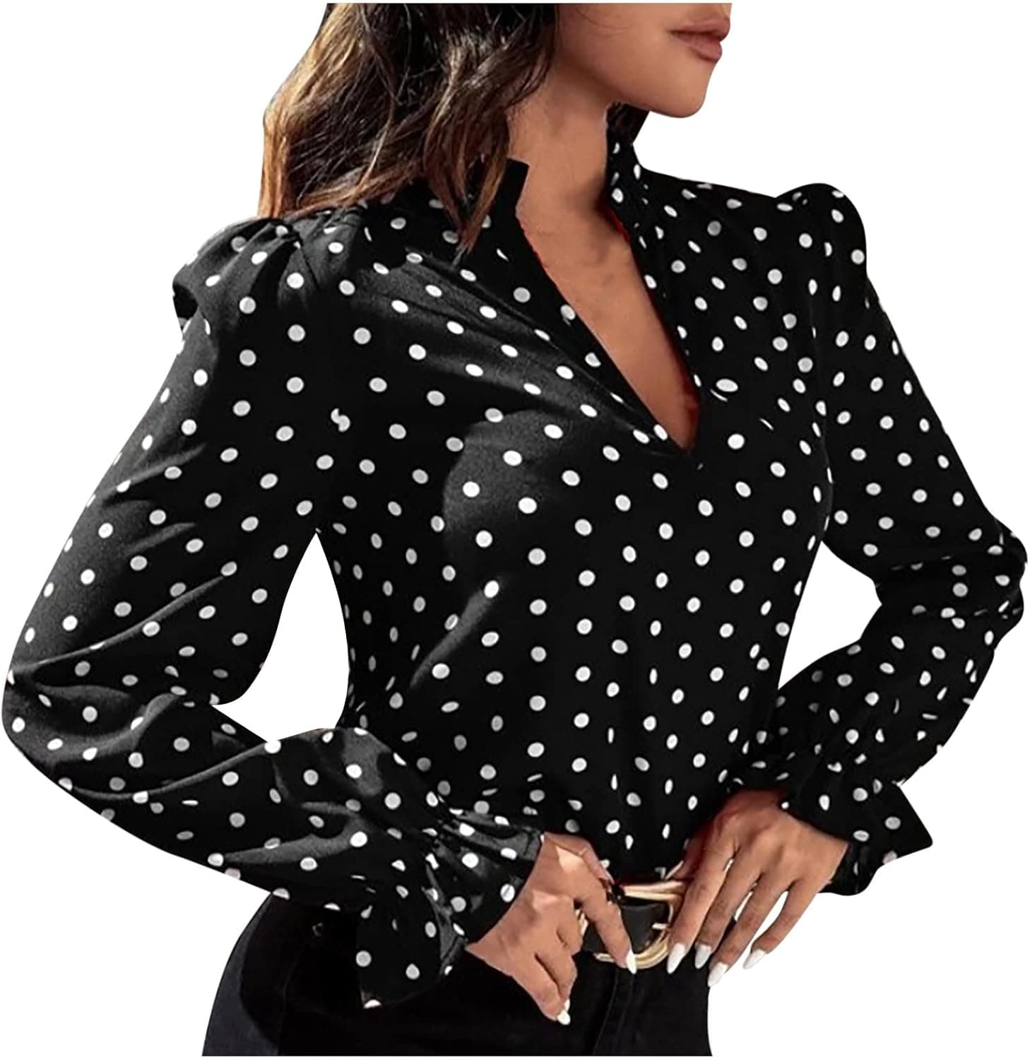 Polka Dots Blouses for Women Business Casual Long Sleeve V Neck Tunic Tops Elegant Stand Collar Office Work Shirt