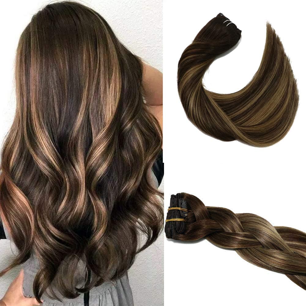 Human Hair Clip in Extensions 14inch 7pcs 120g Chocolate Brown to Dark Blonde Ombre Balayage Aison Double Weft Grade Brazilian Hair Straight