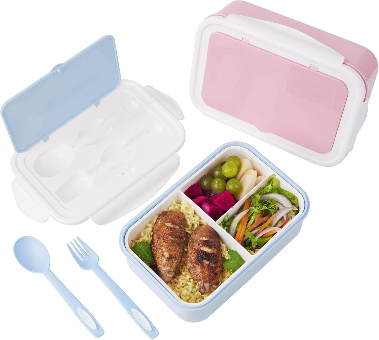 2 PACK Lunch Containers For Kids & Adults, Bento box with Spoon & Fork,Reusable 3-Compartment Divided Food Storage Container Boxes, On-the-Go Meal and Snack Packing(Pink+Blue)