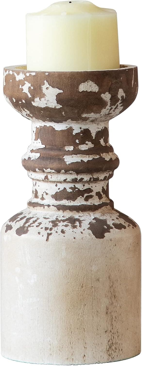 Rustic Candle Holder for Pillar Candle, White Distressed Farmhouse Wooden Pillar Candle Holders, Antique Candlestick Holder for Dining Table Centerpieces,Coffee Table Decor (4.5" x 4.5" x 9")