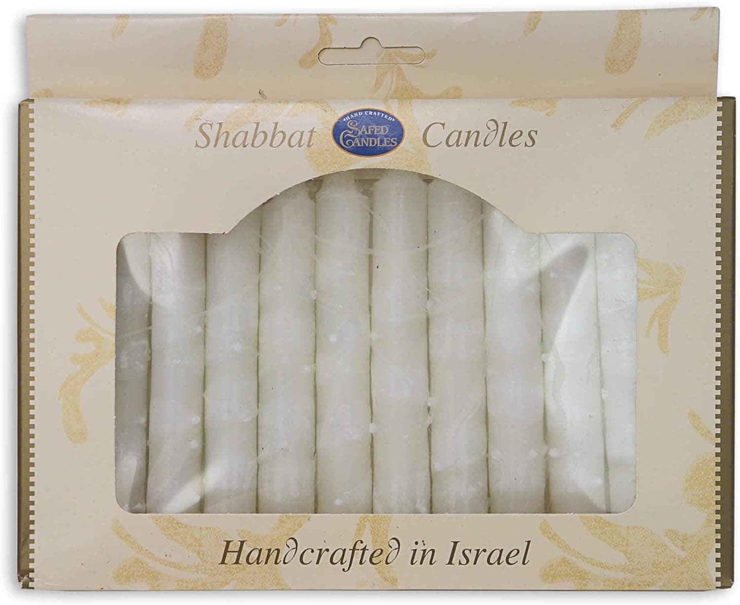 World Of Judaica Safed Candles Shabbat Candle Set in White with Dripped Lines