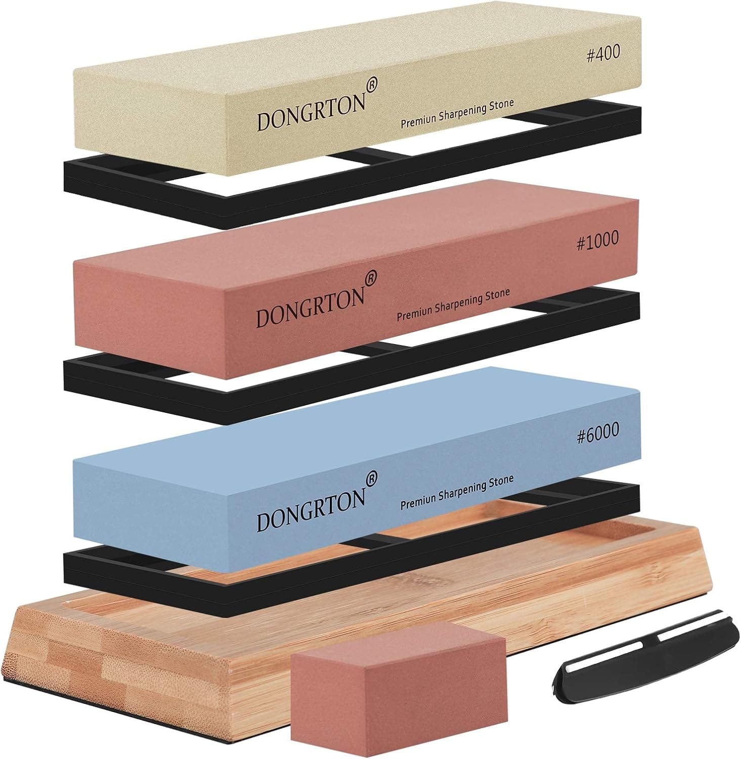 Premiun Knife Sharpening Stone Set Whetstone Kit Grits 400/1000/6000 Waterstone with Flattening Stone, Non-slip Bamboo Base and Angle Guide for Home and Kitchen