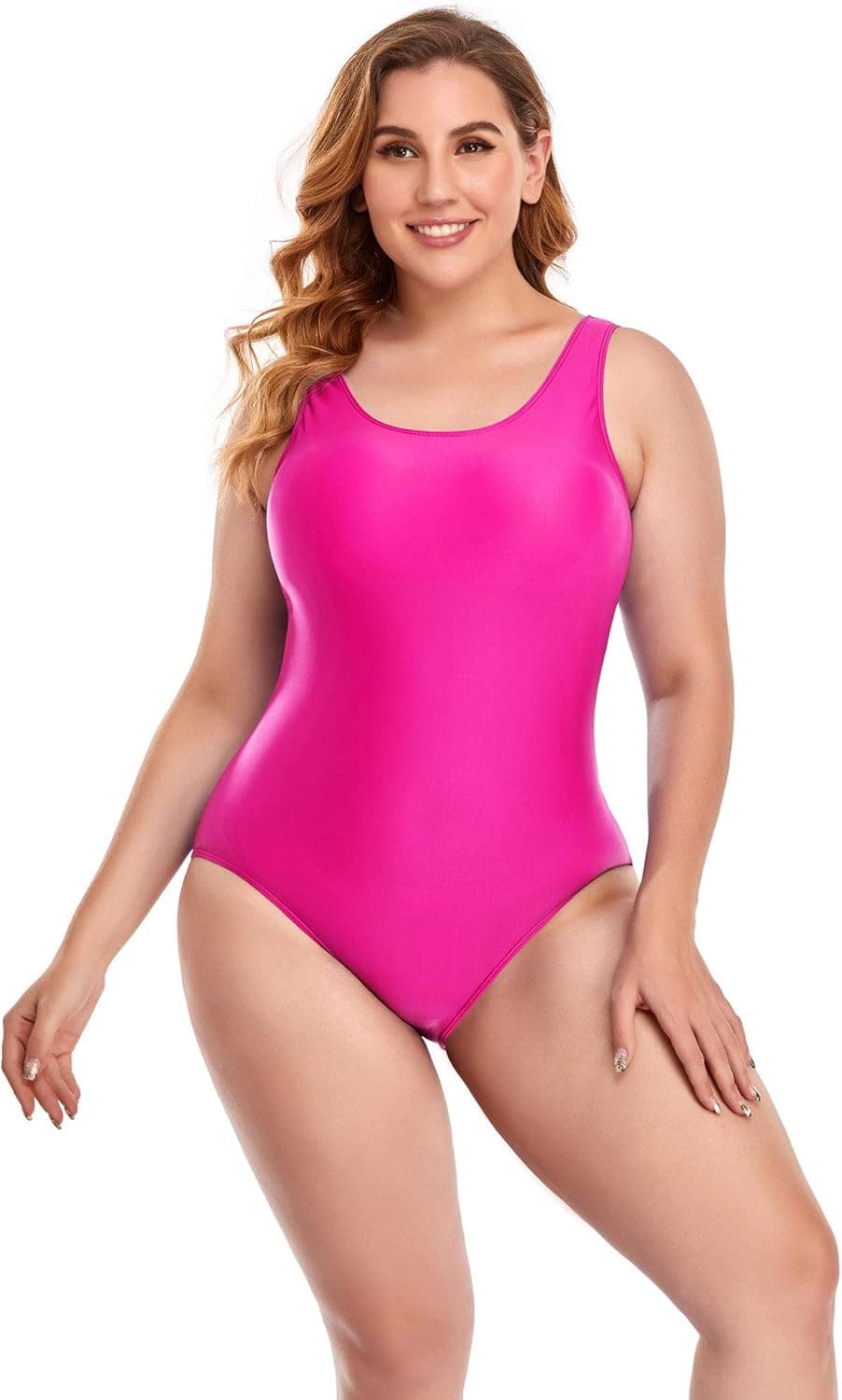 Annbon Women's One Piece Swimsuit Retro Plus Size Bathing Suit Conservative Monokini Swimwear, Hot Pink, 4XL