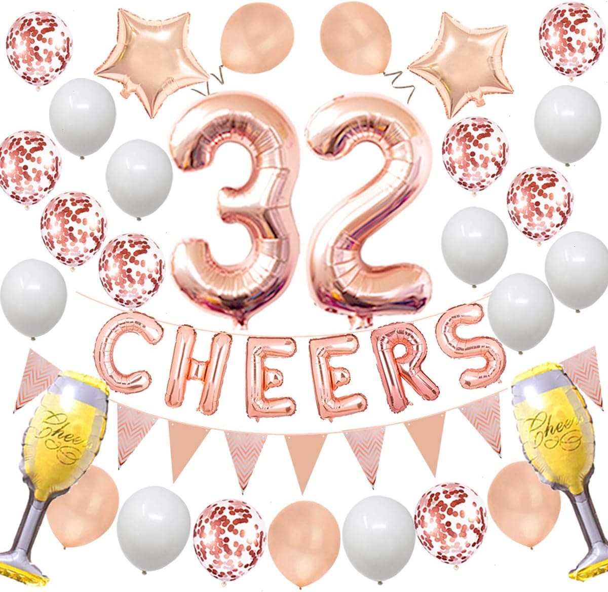 Cheers 32ND Birthday Wedding Party Decorations Kit - Rose Gold Number Balloons and More Perfect for 32 Years Old Party and 32ND Wedding Anniversary or Graduation Anniversary Rose yujiaonly