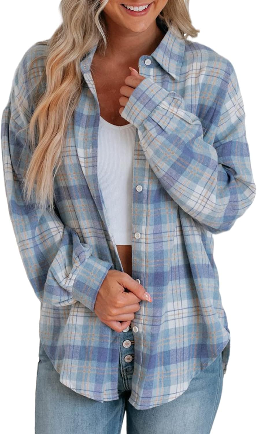 FERBIA Women Plaid Button Down Shacket Jacket Shirts Flannel Oversized Long Sleeve Loose Tops