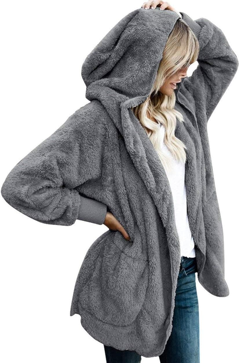 Womens Fuzzy Jacket Hooded Cardigan Open Front Sherpa Coat Outwear with Pockets