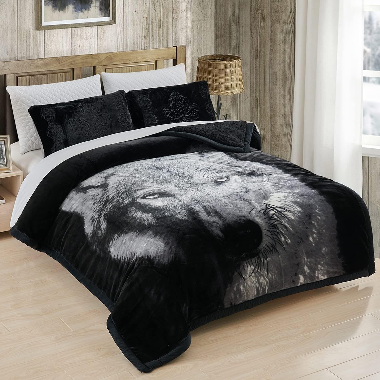 JML Sherpa Flannel Blanket 3-Piece, Winter Warm Bed Blanket with 2 Pillow Shams- Soft, Warm, Korean Style Printed Embossed Reversible Plush Bed Blanket, Black King Size (79" x 91")