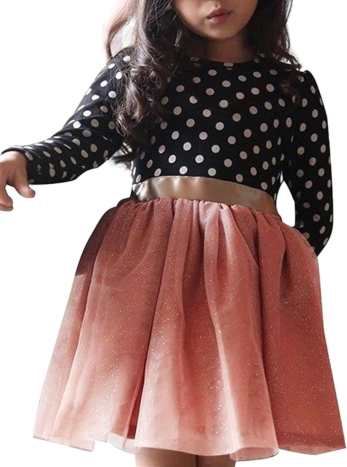 NNJXD Toddler Girl Polka Dotted Multilayer Ruffled Long Sleeve Tutu Party Dresses