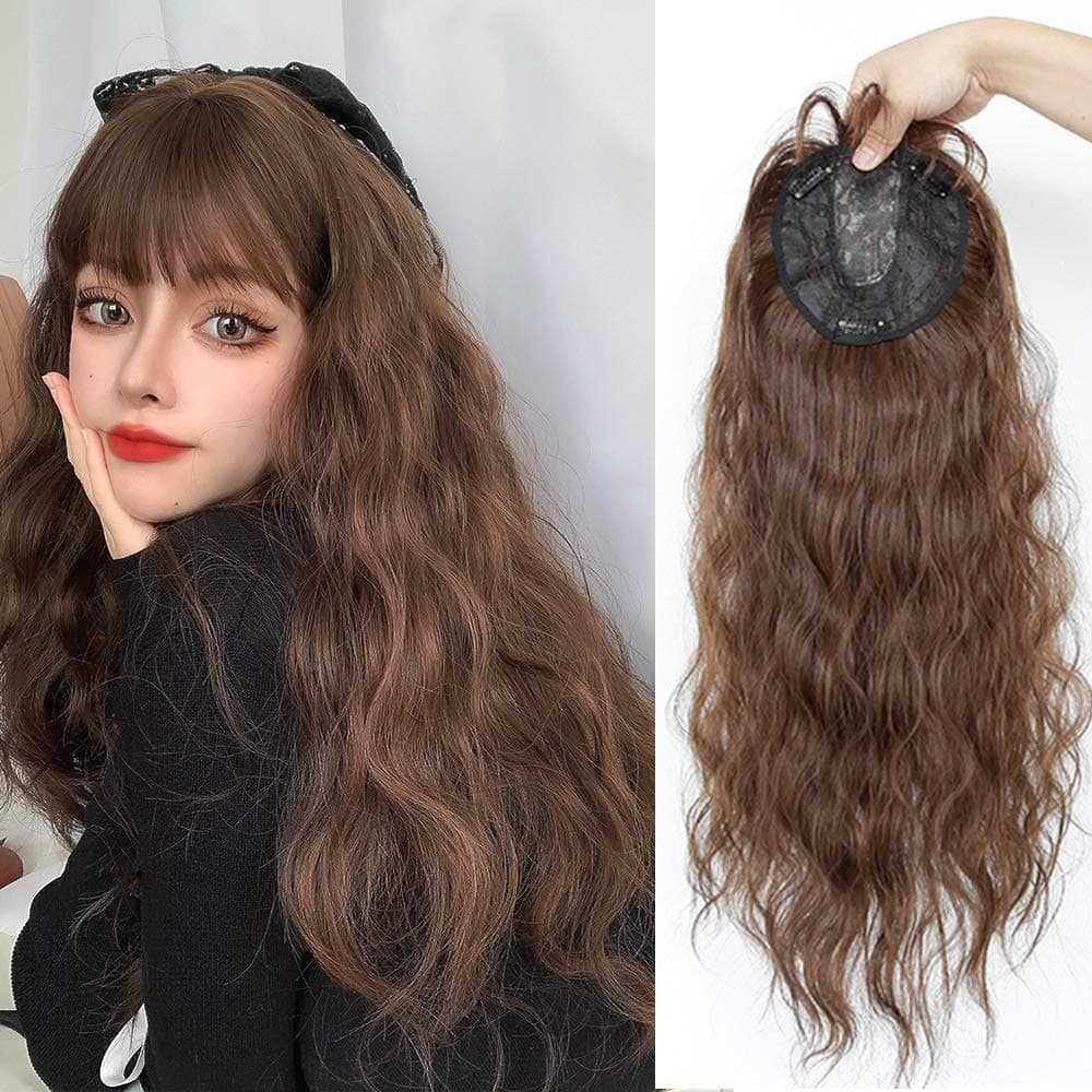 24" Long Full Topper Clip in Snythetic Hairpiece with Bangs Full Head Wear Curly Wavy Dark Brown