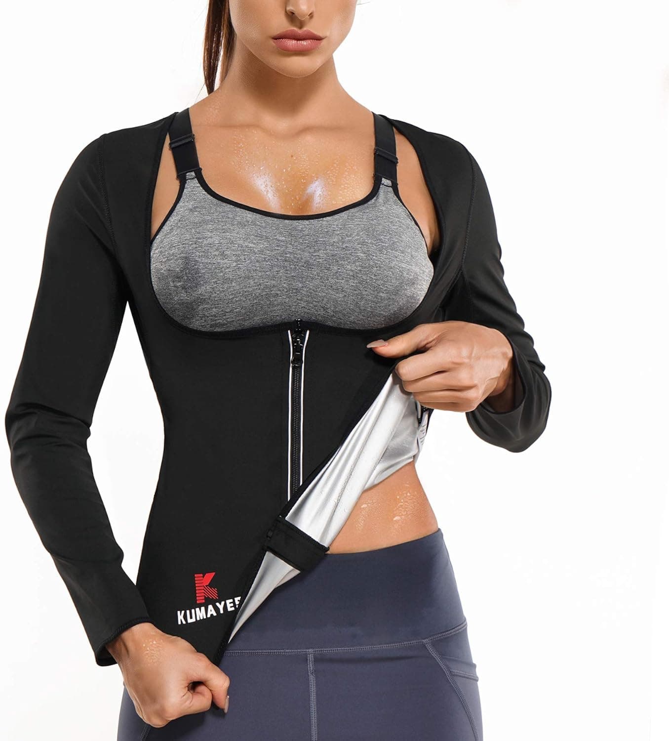 KUMAYES Sauna Suit for Women Sweat Body Shaper Jacket Hot Waist Trainer Long Sleeve Zipper Shirt Workout Top