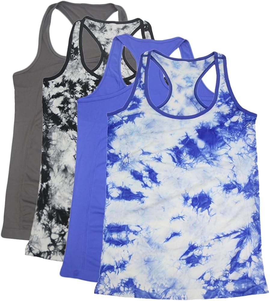 Semath Women's Casual Athletic Racerback Loose Fit Camisole Vest Tank 4 pack, Small Black/White, Blue/White, Grey, Blue
