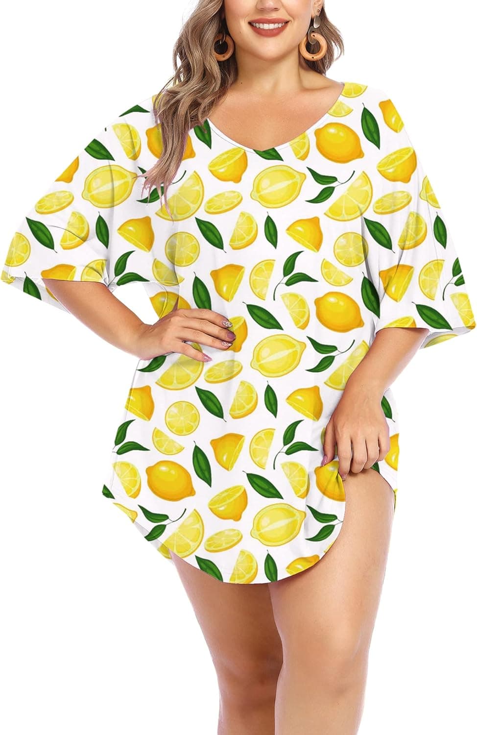 IN'VOLAND Women Plus Size Swimwear Baggy T-Shirts V Neck Letters Print Swimwear Bikini Beach Cover up