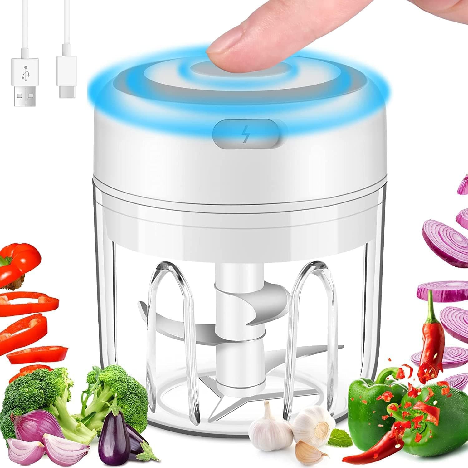 Mini Electric Garlic Chopper, Electric Mini Food Processor, USB Charging and with 3 Sharp Blades, BPA-Free, for Baby Food, Chili, Onion, Vegetables, Meat, Fruits and Nuts