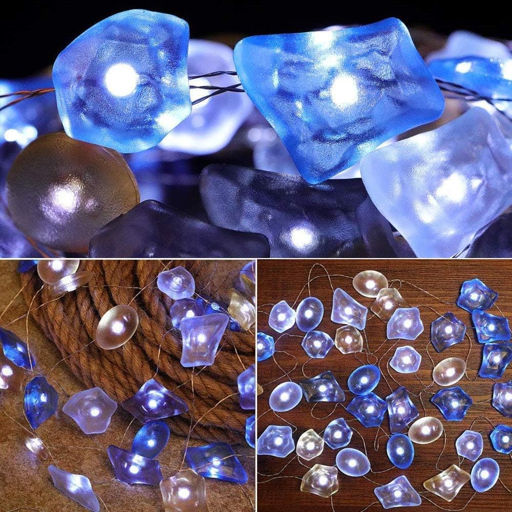 SunKite Seaglass String Lights, 8 Modes 13.85 Ft 40 Natural Beach Decor Lights LED Waterrproof Battery Operated Flickering Fairy String Lights with Remote(Seaglass)