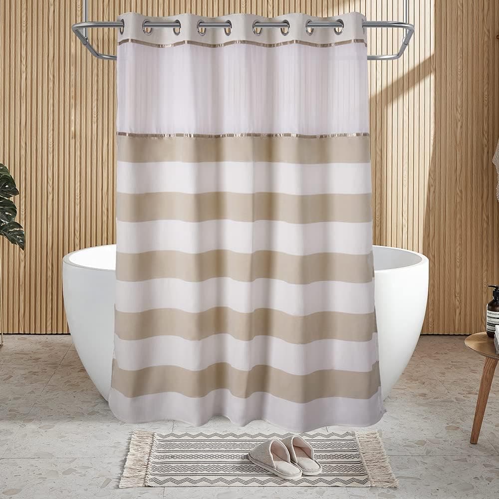 Ecoehoe 71“W x74”H Stripe Fabric Hook Free Shower Curtain with Polyester Magnet Snap-in Liner–Top See Through with Mesh Window Light Beige&White