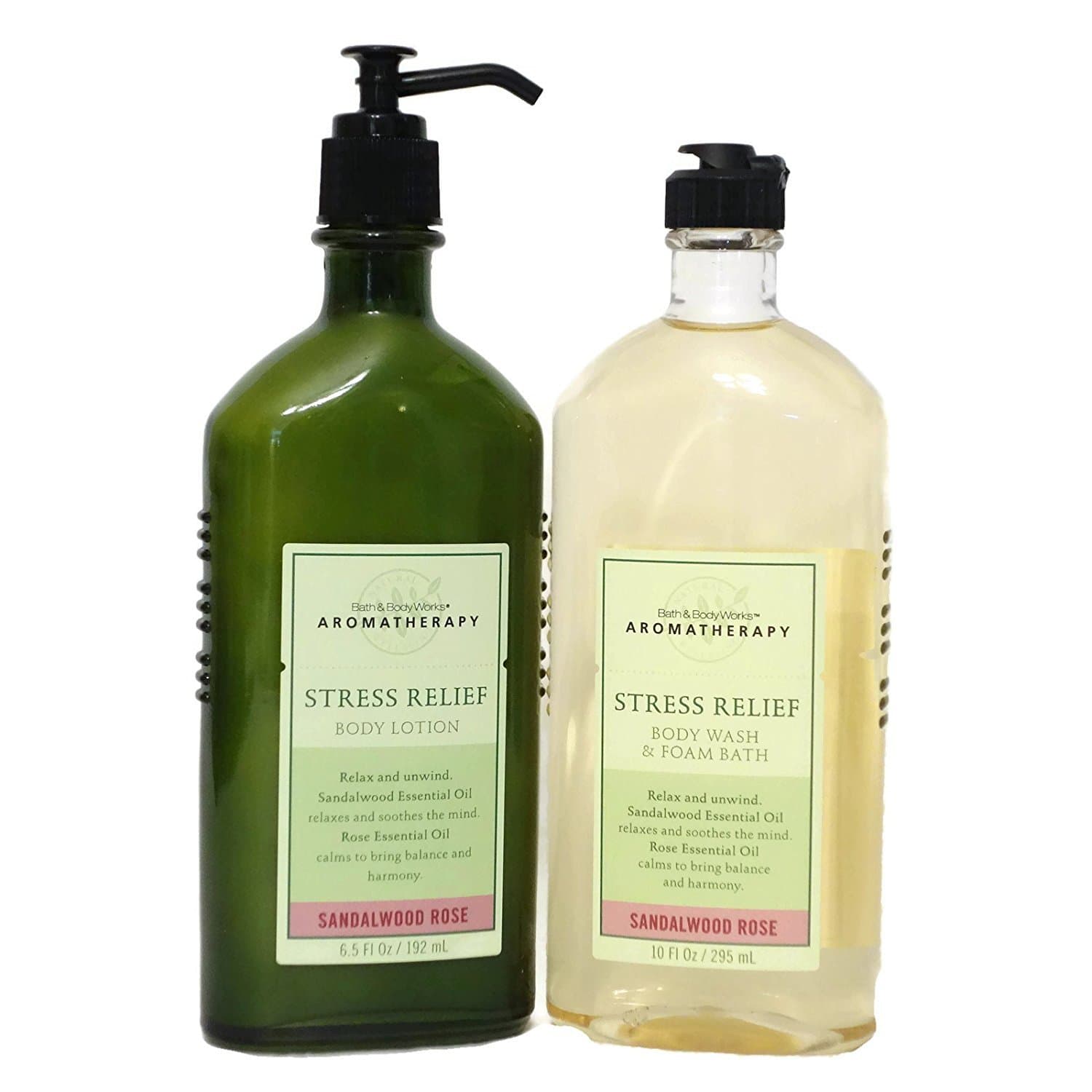 Bath & Body Works Aromatherapy STRESS RELIEF - Body Wash & Foam Bath (10 fl oz) and Body Lotion (6.5 fl oz) - SANDALWOOD ROSE