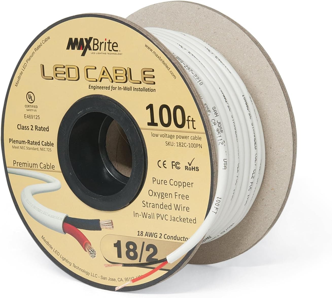 18AWG LED Cable/Speaker Wire 2 Conductor in-Wall Plenum Rated Jacketed, Low Voltage Wiring, UL Class 2 Certified - 100 ft Spool