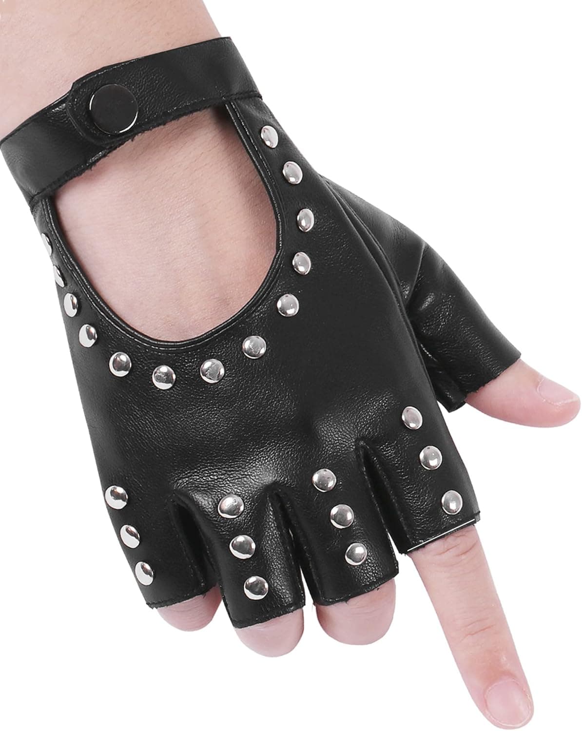 FLORVIV Black Fingerless Gloves PU Faux Leather Goth Cosplay Costume Punk Halloween Performance for Women Girls
