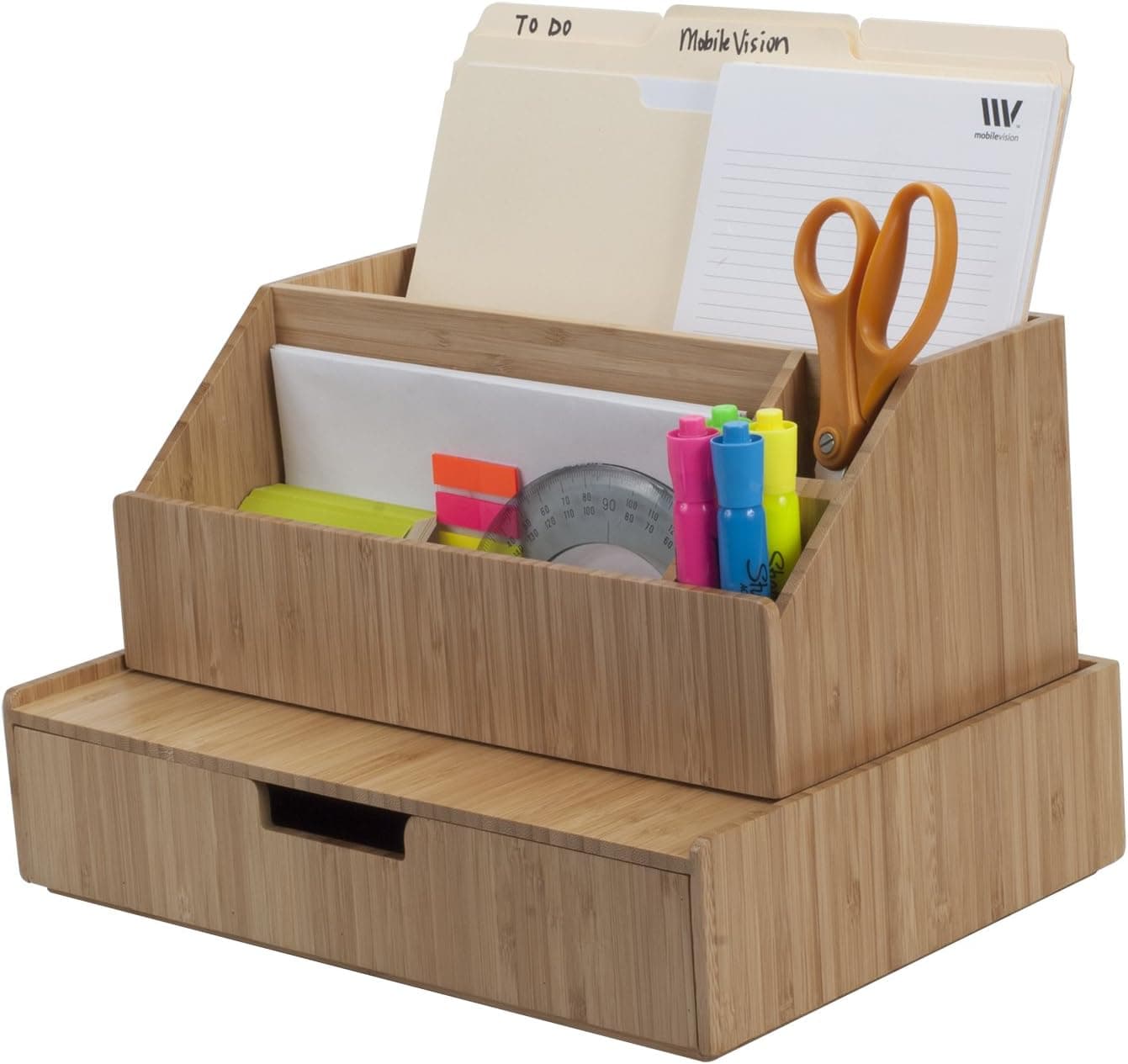 Bamboo Large Drawer Plus Desktop All-in-One Organizer for File Folders, Notepads, Pens, Stationary Items, Small Electronics and More