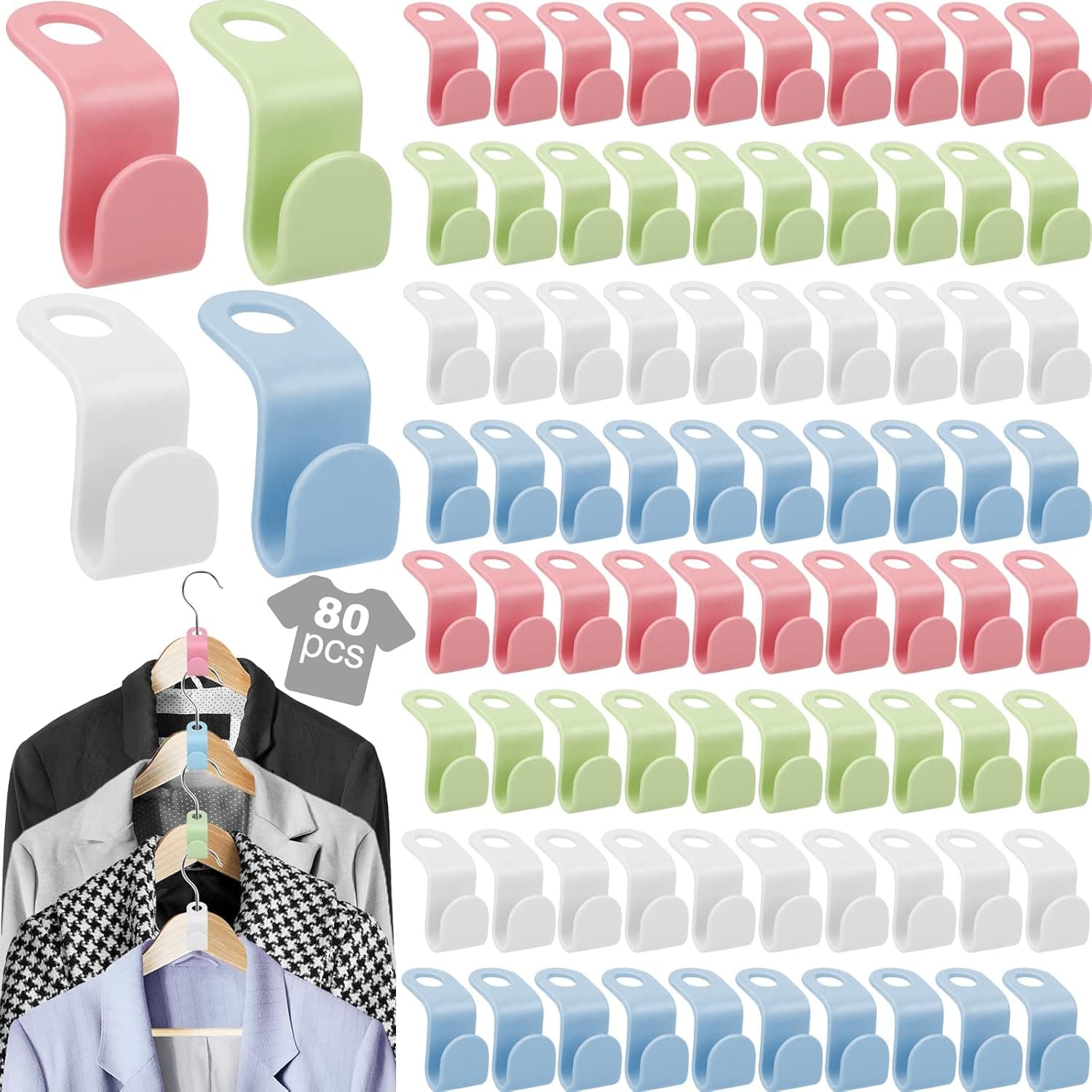 80PCS Clothes Hanger Connector Hooks, 4-Colors Hanger Extender Hooks, Plastic Magic Cascading Hanger Hooks for Hangers Space Saving and Clothes Closet Organizers and Storage