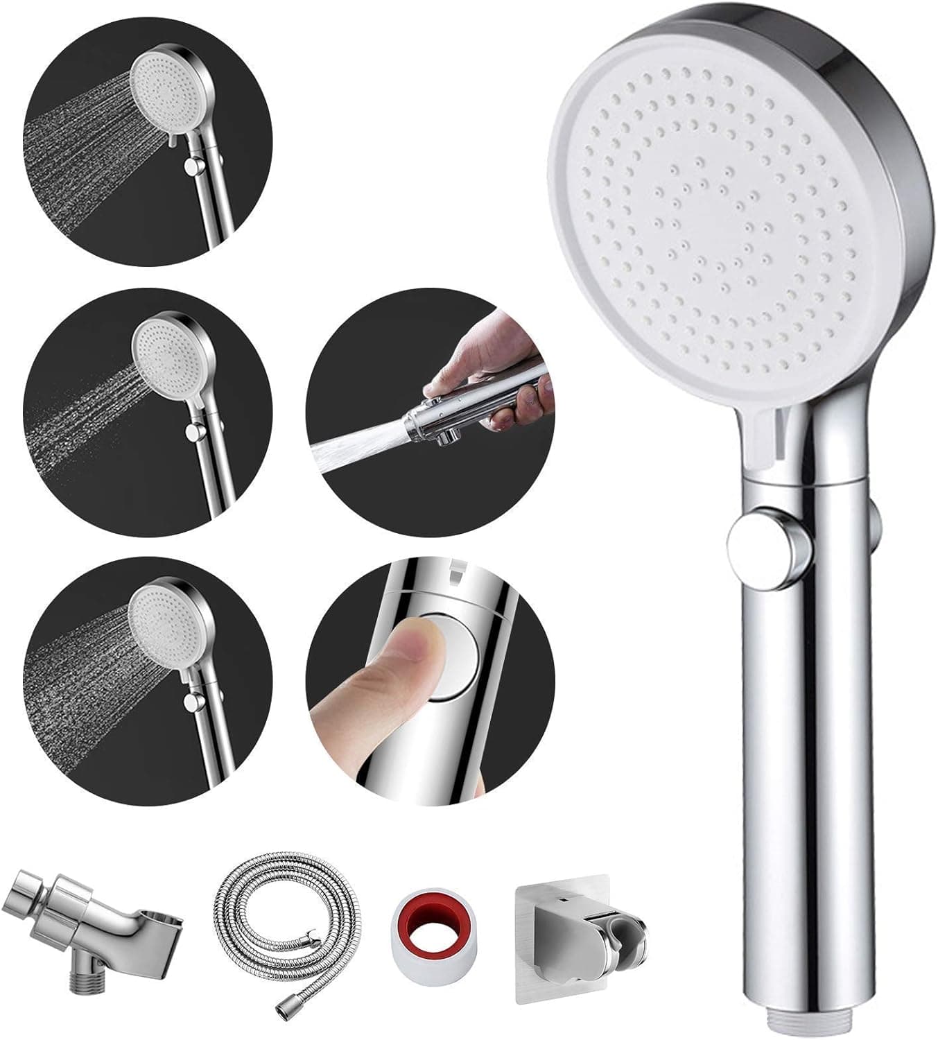 MIAOHUI Shower Head with Hose and on off Switch, 3 Setting High Pressure Handheld Shower Head, Removable Shower Head with Hose, Adjustable Angle Bracket, Low-Reach Wand Holder, Chrome